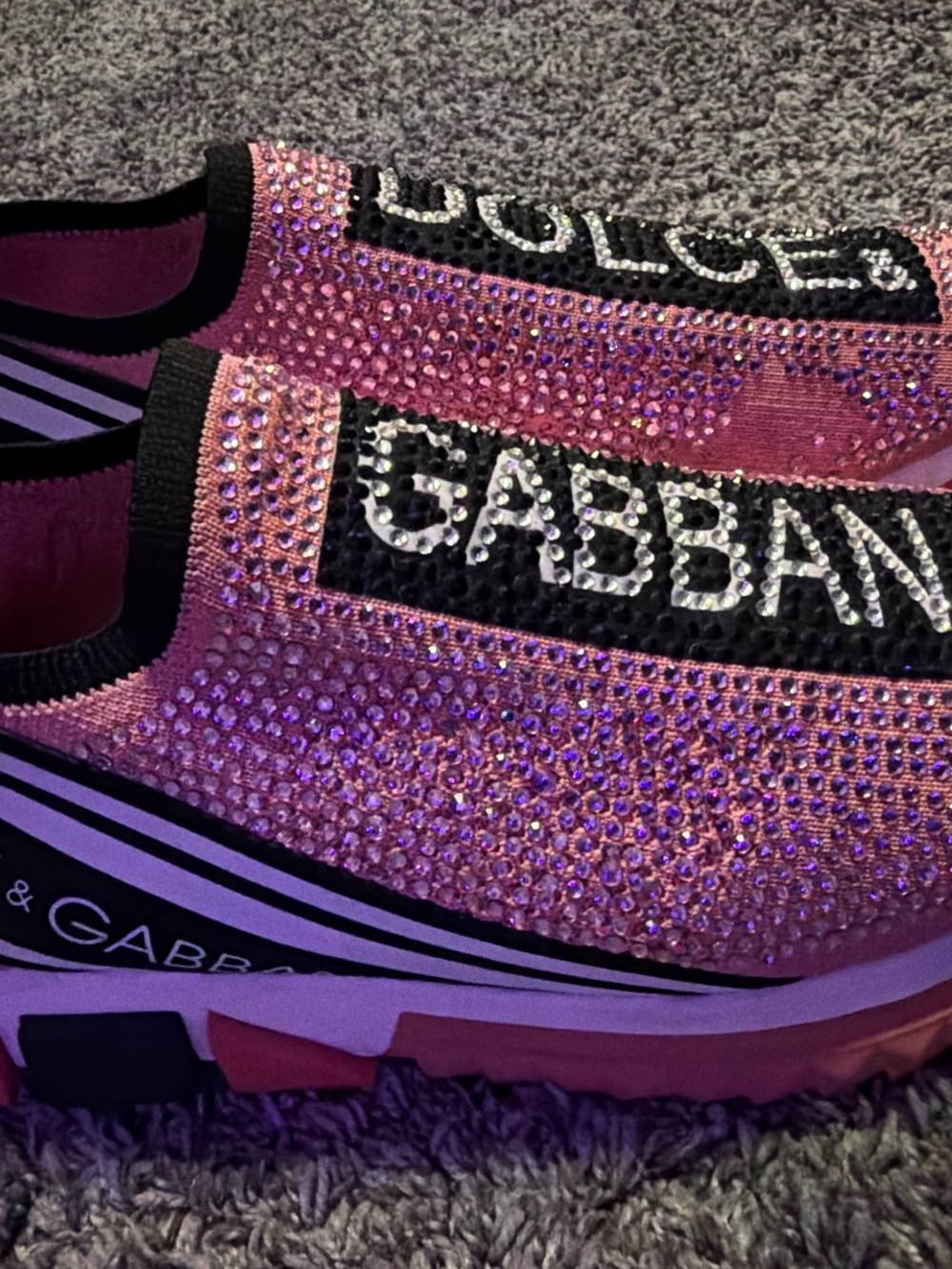 Dolce & Gabbana Pink Crystal Slip-On Sneakers with Black Logo Band